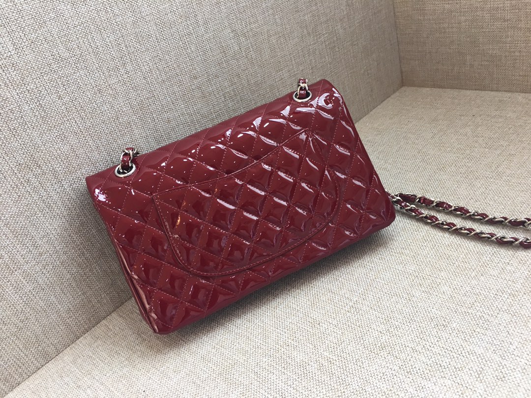 Medium Classic Flap Patent Leather Bag AO1112 Dark Red/Silver